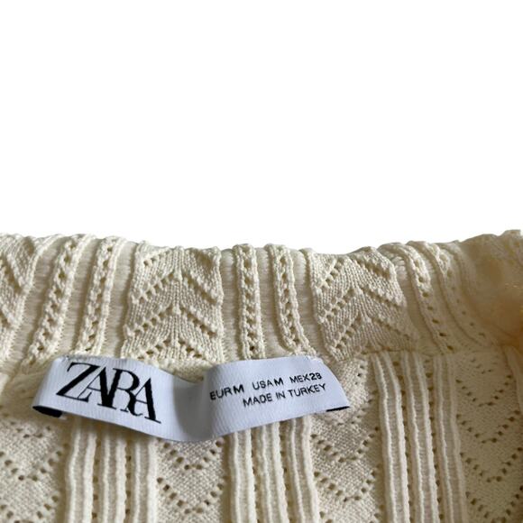 Zara Cream Ruffle Collar Knit Crystal Jewel Button Cardigan Sweater Size Medium - Picture 3 of 9